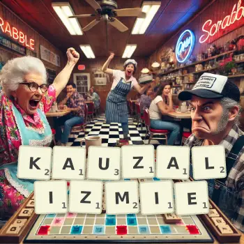 Kreatywna ilustracja do gry w Scrabble ze słowem KAUZALIZMIE ułożonym z płytek na planszy.