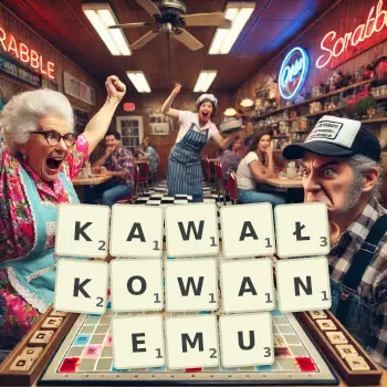 Kreatywna ilustracja do gry w Scrabble ze słowem KAWAŁKOWANEMU ułożonym z płytek na planszy.