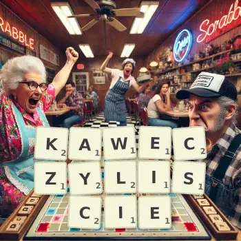 Kreatywna ilustracja do gry w Scrabble ze słowem KAWECZYLISCIE ułożonym z płytek na planszy.