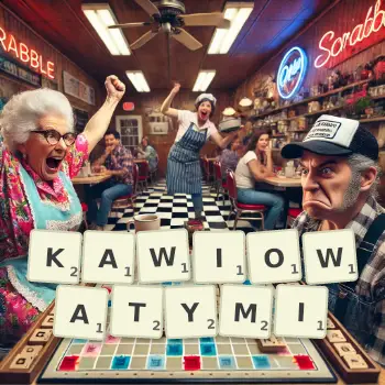 Kreatywna ilustracja do gry w Scrabble ze słowem KAWIOWATYMI ułożonym z płytek na planszy.