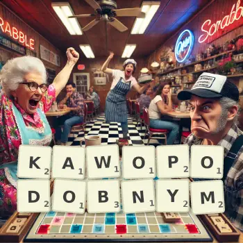 Kreatywna ilustracja do gry w Scrabble ze słowem KAWOPODOBNYM ułożonym z płytek na planszy.