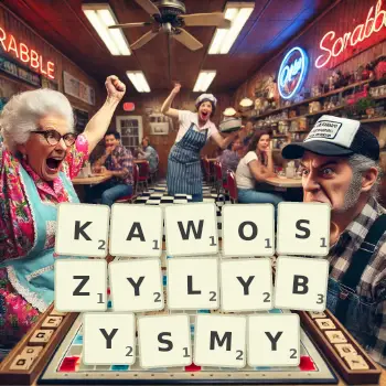 Kreatywna ilustracja do gry w Scrabble ze słowem KAWOSZYLYBYSMY ułożonym z płytek na planszy.