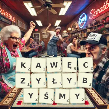 Kreatywna ilustracja do gry w Scrabble ze słowem KAWĘCZYŁYBYŚMY ułożonym z płytek na planszy.