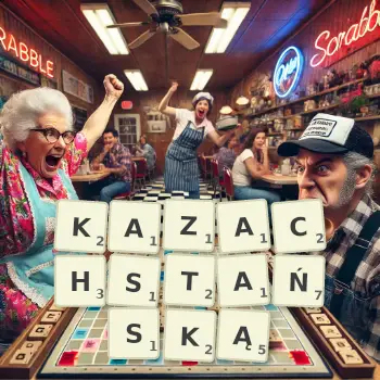 Kreatywna ilustracja do gry w Scrabble ze słowem KAZACHSTAŃSKĄ ułożonym z płytek na planszy.