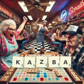 Kreatywna ilustracja do gry w Scrabble ze słowem KAZBA ułożonym z płytek na planszy.