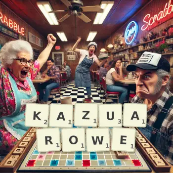 Kreatywna ilustracja do gry w Scrabble ze słowem KAZUAROWE ułożonym z płytek na planszy.