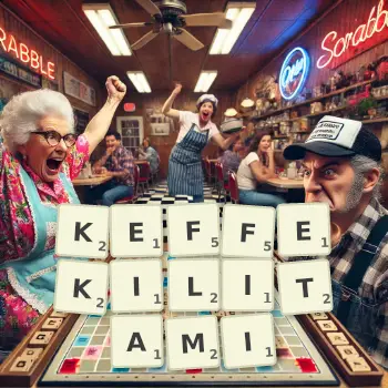 Kreatywna ilustracja do gry w Scrabble ze słowem KEFFEKILITAMI ułożonym z płytek na planszy.