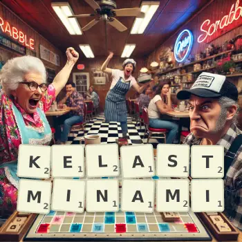 Kreatywna ilustracja do gry w Scrabble ze słowem KELASTMINAMI ułożonym z płytek na planszy.