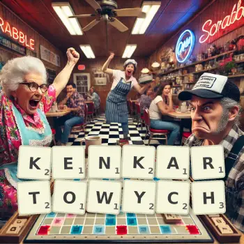 Kreatywna ilustracja do gry w Scrabble ze słowem KENKARTOWYCH ułożonym z płytek na planszy.