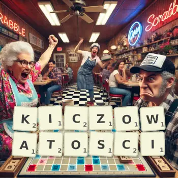 Kreatywna ilustracja do gry w Scrabble ze słowem KICZOWATOSCI ułożonym z płytek na planszy.