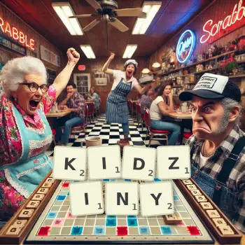 Kreatywna ilustracja do gry w Scrabble ze słowem KIDZINY ułożonym z płytek na planszy.