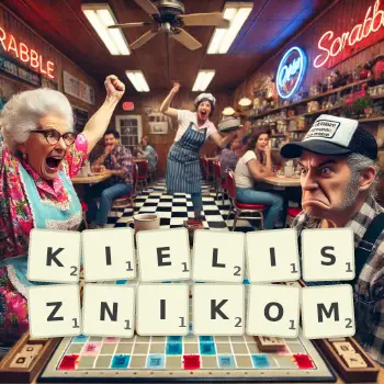 Kreatywna ilustracja do gry w Scrabble ze słowem KIELISZNIKOM ułożonym z płytek na planszy.