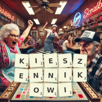 Kreatywna ilustracja do gry w Scrabble ze słowem KIESZENNIKOWI ułożonym z płytek na planszy.