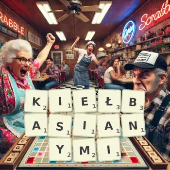 Kreatywna ilustracja do gry w Scrabble ze słowem KIEŁBASIANYMI ułożonym z płytek na planszy.