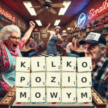 Kreatywna ilustracja do gry w Scrabble ze słowem KILKOPOZIOMOWYM ułożonym z płytek na planszy.