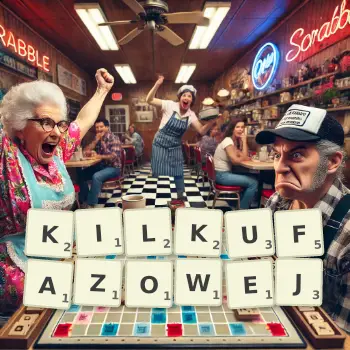 Kreatywna ilustracja do gry w Scrabble ze słowem KILKUFAZOWEJ ułożonym z płytek na planszy.