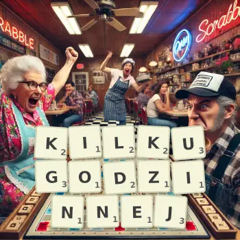 Kreatywna ilustracja do gry w Scrabble ze słowem KILKUGODZINNEJ ułożonym z płytek na planszy.