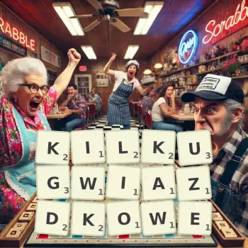 Kreatywna ilustracja do gry w Scrabble ze słowem KILKUGWIAZDKOWE ułożonym z płytek na planszy.