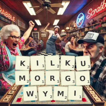 Kreatywna ilustracja do gry w Scrabble ze słowem KILKUMORGOWYMI ułożonym z płytek na planszy.