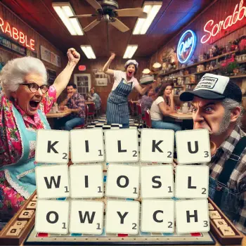 Kreatywna ilustracja do gry w Scrabble ze słowem KILKUWIOSLOWYCH ułożonym z płytek na planszy.