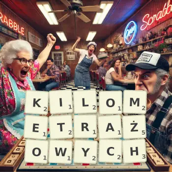 Kreatywna ilustracja do gry w Scrabble ze słowem KILOMETRAŻOWYCH ułożonym z płytek na planszy.