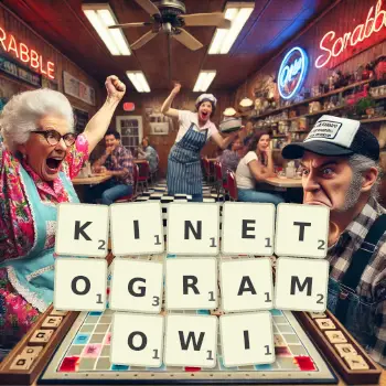 Kreatywna ilustracja do gry w Scrabble ze słowem KINETOGRAMOWI ułożonym z płytek na planszy.