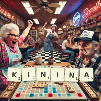 Kreatywna ilustracja do gry w Scrabble ze słowem KININĄ ułożonym z płytek na planszy.