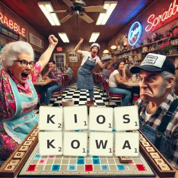 Kreatywna ilustracja do gry w Scrabble ze słowem KIOSKOWA ułożonym z płytek na planszy.