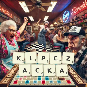 Kreatywna ilustracja do gry w Scrabble ze słowem KIPCZACKA ułożonym z płytek na planszy.