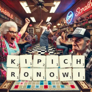 Kreatywna ilustracja do gry w Scrabble ze słowem KIPICHRONOWI ułożonym z płytek na planszy.