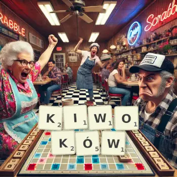 Kreatywna ilustracja do gry w Scrabble ze słowem KIWOKÓW ułożonym z płytek na planszy.