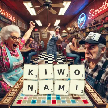 Kreatywna ilustracja do gry w Scrabble ze słowem KIWONAMI ułożonym z płytek na planszy.