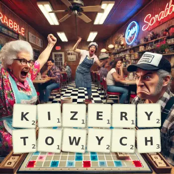 Kreatywna ilustracja do gry w Scrabble ze słowem KIZERYTOWYCH ułożonym z płytek na planszy.