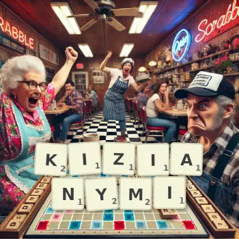 Kreatywna ilustracja do gry w Scrabble ze słowem KIZIANYMI ułożonym z płytek na planszy.