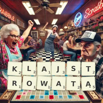 Kreatywna ilustracja do gry w Scrabble ze słowem KLAJSTROWATĄ ułożonym z płytek na planszy.