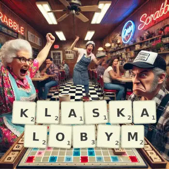 Kreatywna ilustracja do gry w Scrabble ze słowem KLASKALOBYM ułożonym z płytek na planszy.
