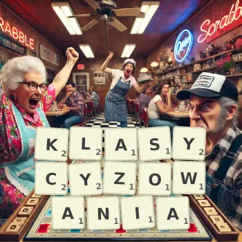 Kreatywna ilustracja do gry w Scrabble ze słowem KLASYCYZOWANIA ułożonym z płytek na planszy.