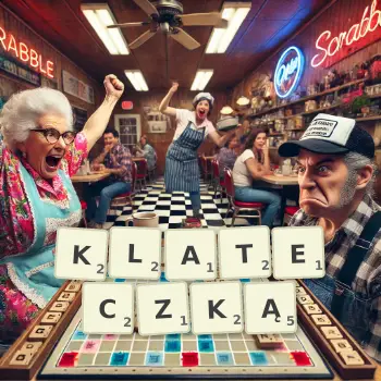Kreatywna ilustracja do gry w Scrabble ze słowem KLATECZKĄ ułożonym z płytek na planszy.