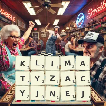 Kreatywna ilustracja do gry w Scrabble ze słowem KLIMATYZACYJNEJ ułożonym z płytek na planszy.