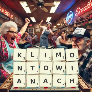 Kreatywna ilustracja do gry w Scrabble ze słowem KLIMONTOWIANACH ułożonym z płytek na planszy.