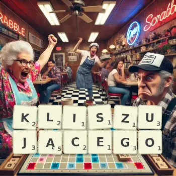 Kreatywna ilustracja do gry w Scrabble ze słowem KLISZUJĄCEGO ułożonym z płytek na planszy.