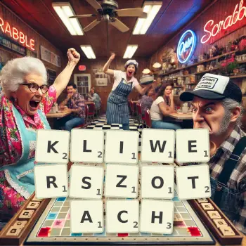 Kreatywna ilustracja do gry w Scrabble ze słowem KLIWERSZOTACH ułożonym z płytek na planszy.