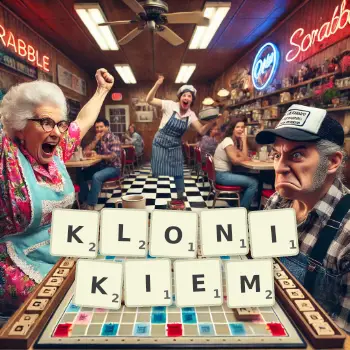 Kreatywna ilustracja do gry w Scrabble ze słowem KLONIKIEM ułożonym z płytek na planszy.