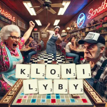 Kreatywna ilustracja do gry w Scrabble ze słowem KLONILYBY ułożonym z płytek na planszy.