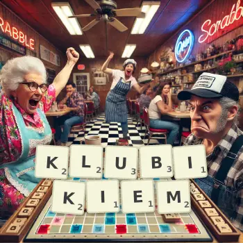 Kreatywna ilustracja do gry w Scrabble ze słowem KLUBIKIEM ułożonym z płytek na planszy.