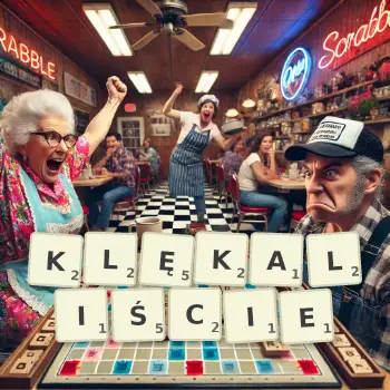 Kreatywna ilustracja do gry w Scrabble ze słowem KLĘKALIŚCIE ułożonym z płytek na planszy.