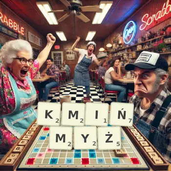 Kreatywna ilustracja do gry w Scrabble ze słowem KMIŃMYŻ ułożonym z płytek na planszy.