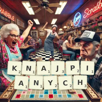 Kreatywna ilustracja do gry w Scrabble ze słowem KNAJPIANYCH ułożonym z płytek na planszy.