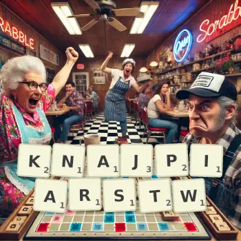 Kreatywna ilustracja do gry w Scrabble ze słowem KNAJPIARSTW ułożonym z płytek na planszy.