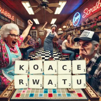 Kreatywna ilustracja do gry w Scrabble ze słowem KOACERWATU ułożonym z płytek na planszy.